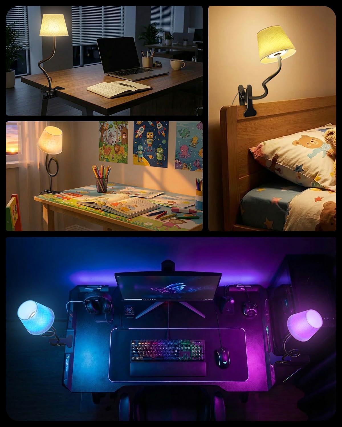 Clip on Bedside Lamp with Fabric Shade, Dimmable Reading Light 10-Level Brightness Memory, RGB & 3 Color Temperatures, Flexible Gooseneck Clip Lamp for Headboard Desk Dorm, Adapter Included