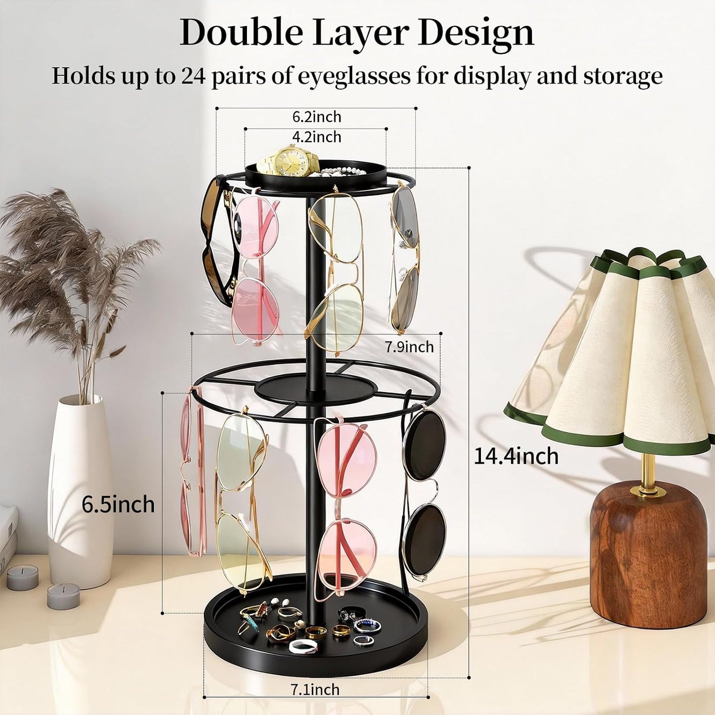 LSK Metal Sunglasses Organizer, Glasses Holder Stand with Storage Tray | Eyeglasses Holder with Anti-Slip Pads for Tabletop, Desk, Dresser, Matte Black