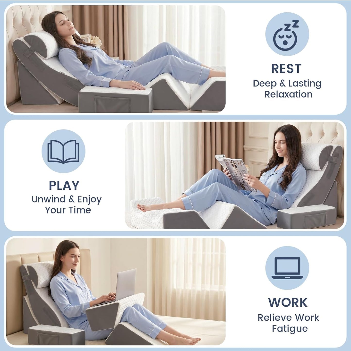 5PCS Wedge Pillow Set for After Surgery, Adjustable Orthopedic Foam Bed Wedge Pillow for Acid Reflux, GERD & Heartburn Relief, Back & Leg Elevation Support for Sleeping & Sitting Up, White Grey