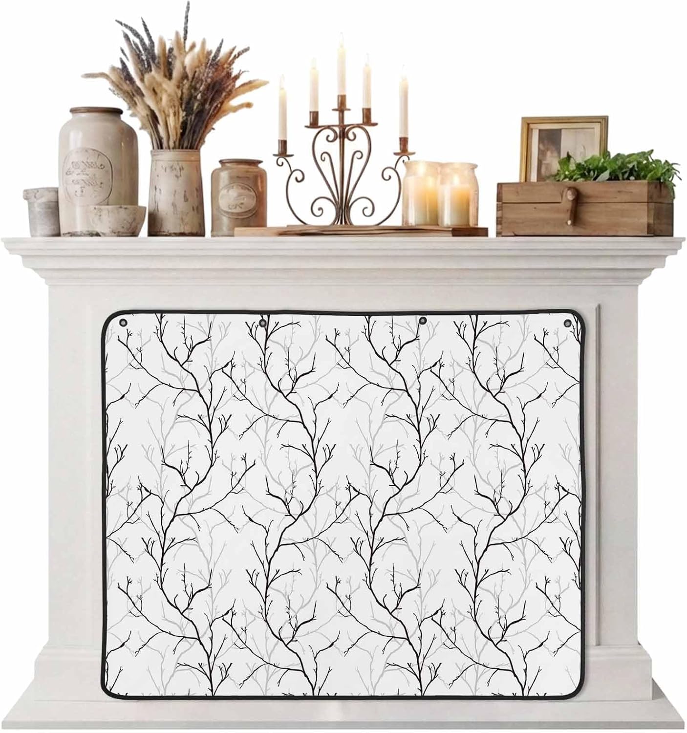 Magnetic Fireplace Cover White Vines Fireplace Screen Decorative Flowers Leaves Tree Branches Insulation Fireplace Blocker Blanket Save Energy Fireplace Draft Stopper Covers for Living Room 39x32 Inch