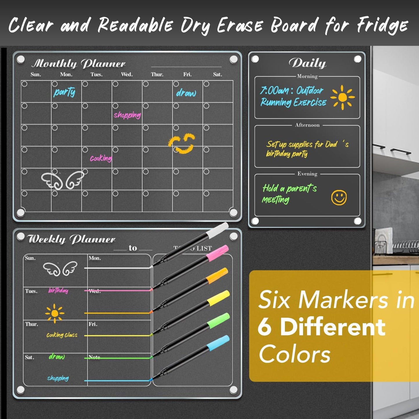 DIYMAG Magnetic Calendar, Fridge Magnets for Whiteboard 4 PCS Dry Erase | Clear Monthly Weekly Daily Memo Acrylic Planning Boards Apartment Essentials for Refrigerator