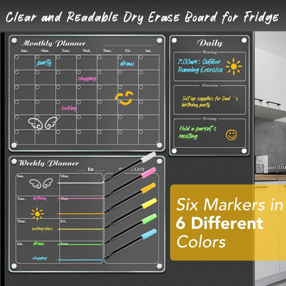 DIYMAG Magnetic Calendar, Fridge Magnets for Whiteboard 4 PCS Dry Erase | Clear Monthly Weekly Daily Memo Acrylic Planning Boards Apartment Essentials for Refrigerator