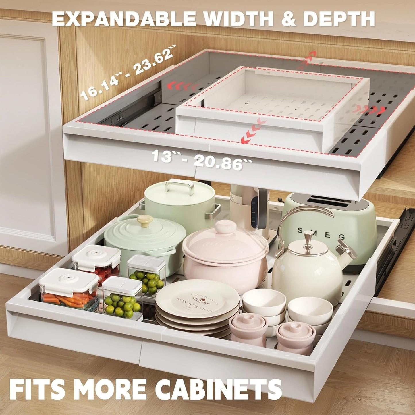 Seinloes Pull Out Cabinet Organizer, 4-Side Expandable to Fit Most Cabinets, 3 Rail Slide Out Drawers with Raising Pad for Framed & Frameless Cabinets, 13"-21" W x 17"-24" D, White, 2 Pack