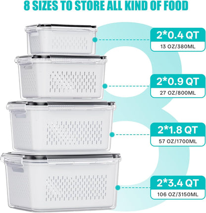 HOMETALL 4 Pack Fruit Storage Containers for Fridge Set, Produce Containers for Fridge with Strainer, Plastic Reusable Fridge Organizers and Storage for Berry Salad Lettuce, Size 3.4, 1.8, 0.9, 0.4QT