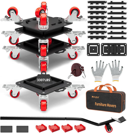 MYUEA Furniture Dolly 5 Wheels Heavy Duty with Removable Side Guards,3307 Lbs Capacity,360° Rotating Wheels & Side Brake,Furniture Movers Lifter Tool with Wheels for Appliances,Sofas,Beds,Pianos