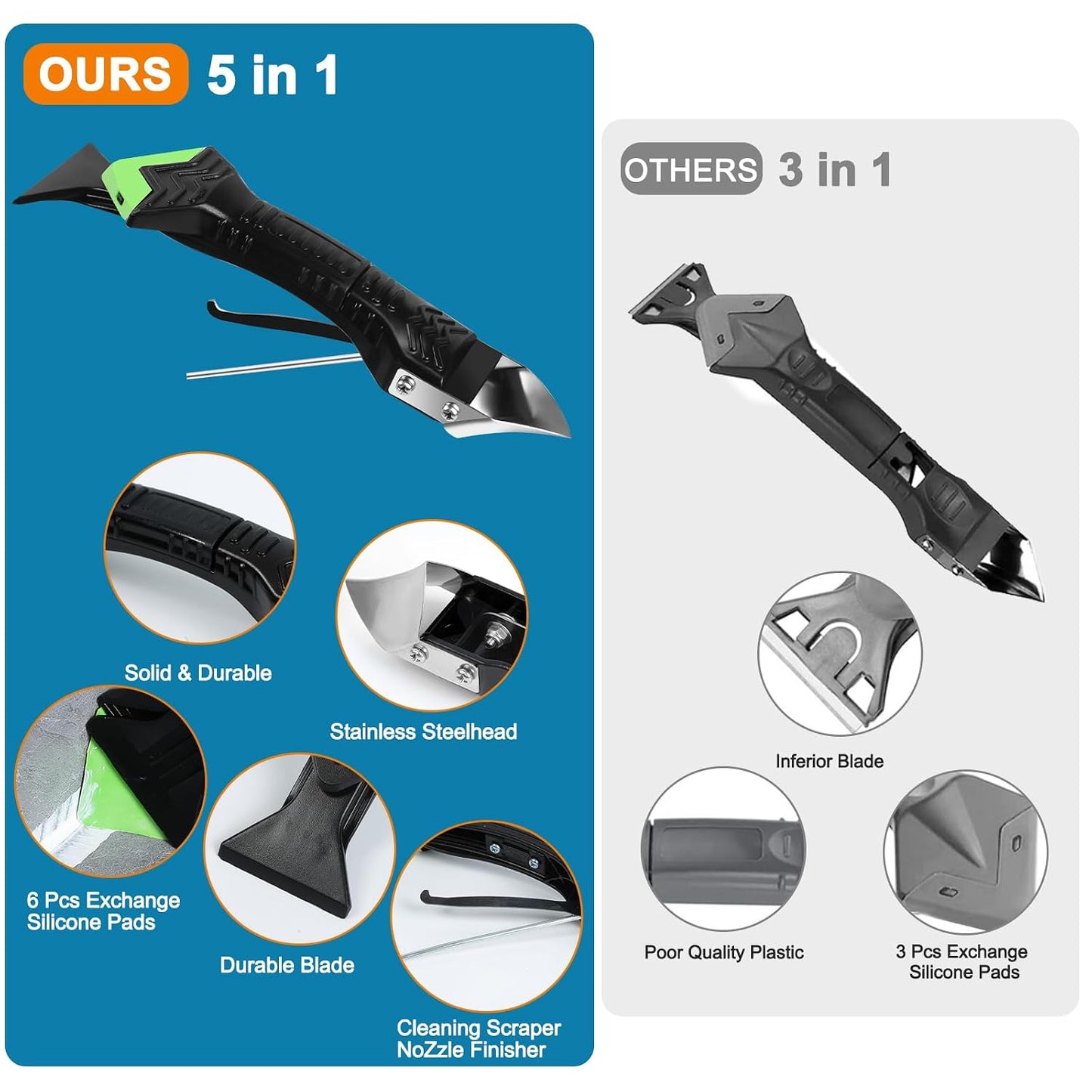 Silicone Caulking Tool,5 in1 caulk remover tool with Grout Scraper,caulking tool kit，Adhesive Residue Scraper Seam Repair Tool Kit for Kitchen Bathroom