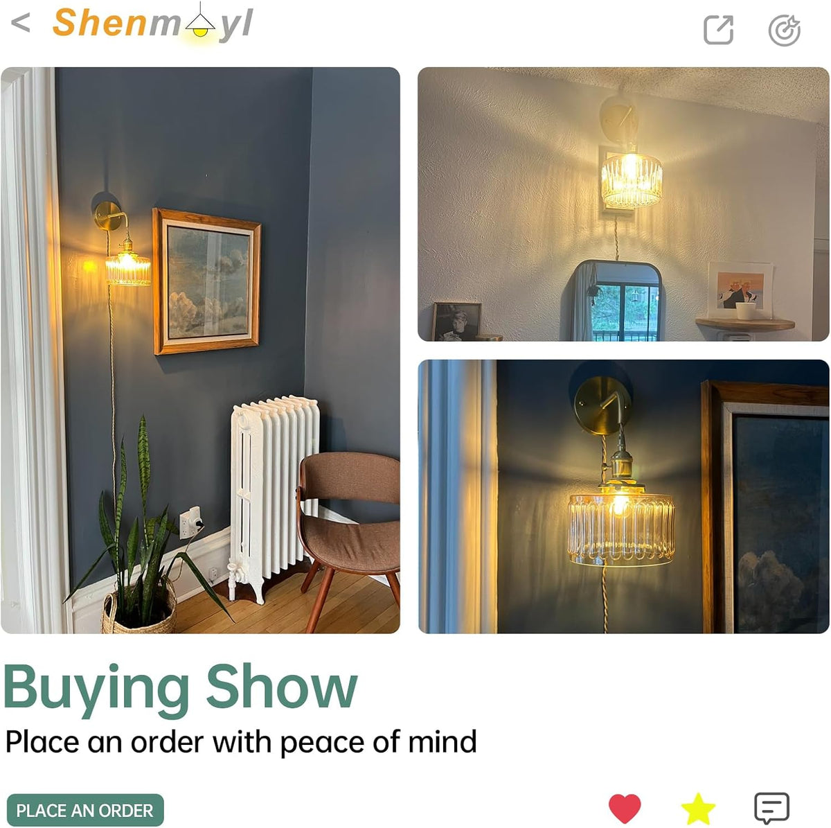 Shenmoyl Battery Operated Wall Sconce with Green Striped Shade Pattern Glass Adjustable Chain Retro Gold Wall Mounted Light, Modern Wall Lamp Fixtures Decor for Bedside Bedroom Indoor Doorway