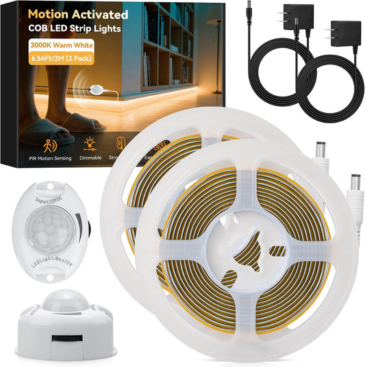 Under Bed Lights Motion Sensor COB LED Strip 3000K Warm White 2-Pack 6.56Ft
