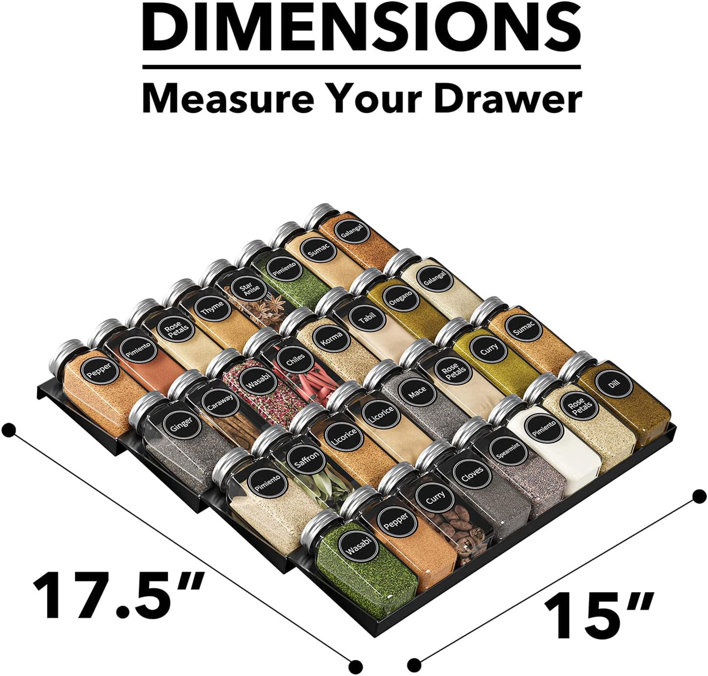SpaceAid Spice Drawer Organizer with 28 Spice Jars, 386 Spice Labels, 4 Tier Seasoning Rack Tray Insert for Kitchen Drawers, 13" Wide x 17.5" Deep