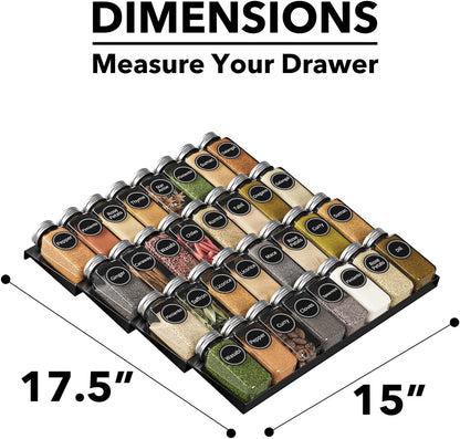 SpaceAid Spice Drawer Organizer with 28 Spice Jars, 386 Spice Labels, 4 Tier Seasoning Rack Tray Insert for Kitchen Drawers, 13" Wide x 17.5" Deep