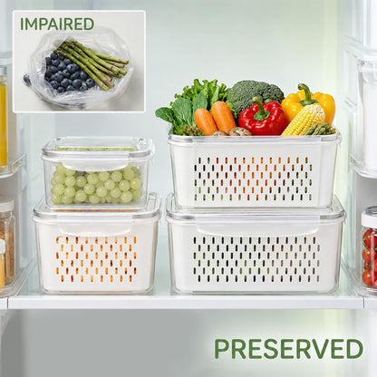 5 Pack Fruit Storage Containers for Fridge, Leakproof Plastic Bins with Removable Drain Colander, Stackable Produce Saver for Fresh Berry Lettuce Vegetable and Meat Storage