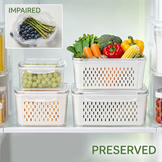 5 Pack Fruit Storage Containers for Fridge, Leakproof Plastic Bins with Removable Drain Colander, Stackable Produce Saver for Fresh Berry Lettuce Vegetable and Meat Storage