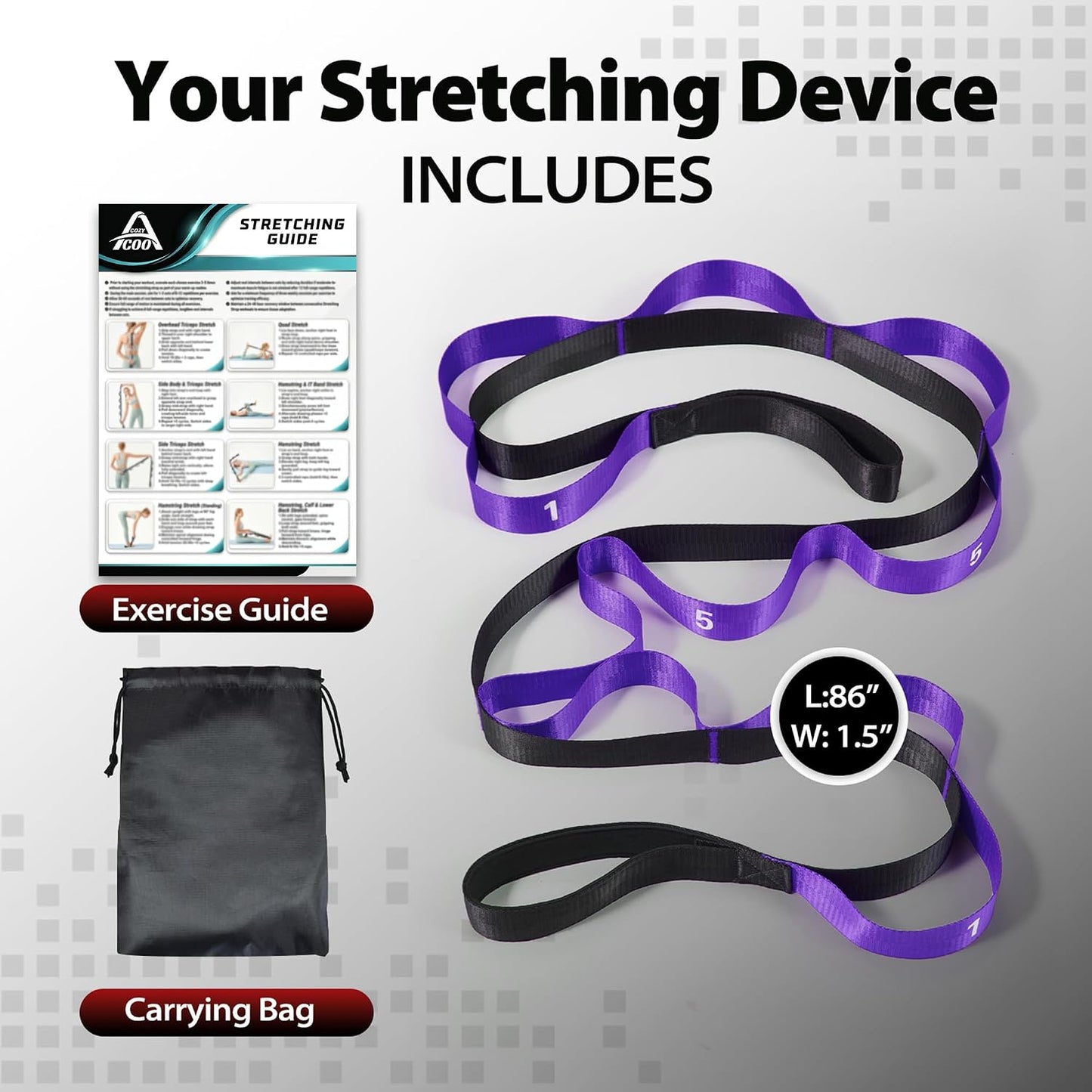 Acozycoo Stretching Strap with Loops for Physical Therapy,Knee,Calf,Back | Yoga Strap for Stretching,Non-Elastic Stretch Band,Rehab,Pilates,Flexibility Training,Hamstring,Leg Lifter,Fascia,Leg,Hip