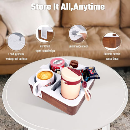 Couch Cup Holder Tray, Real Acacia Wooden Caddy with Soft Silicone, Snack and Drink Organizer- Perfect Movie Night Accessories for Bed, Remote and Cup Holders for Sofa (Black)