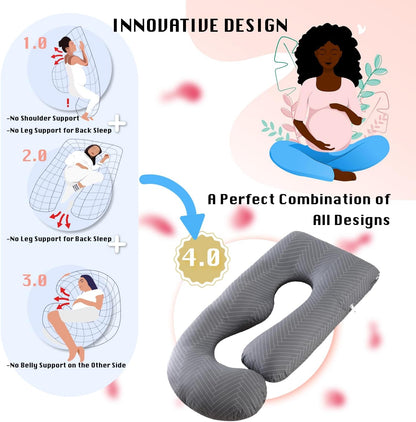ALLOPERA Pregnancy Pillows for Sleeping, 57-Inch U-Shaped Full Body Maternity Pillow with Adjustable Fill and Removable Washable Cover, Back, Belly, Hip and Leg Support for Pregnant Women, Black Grey