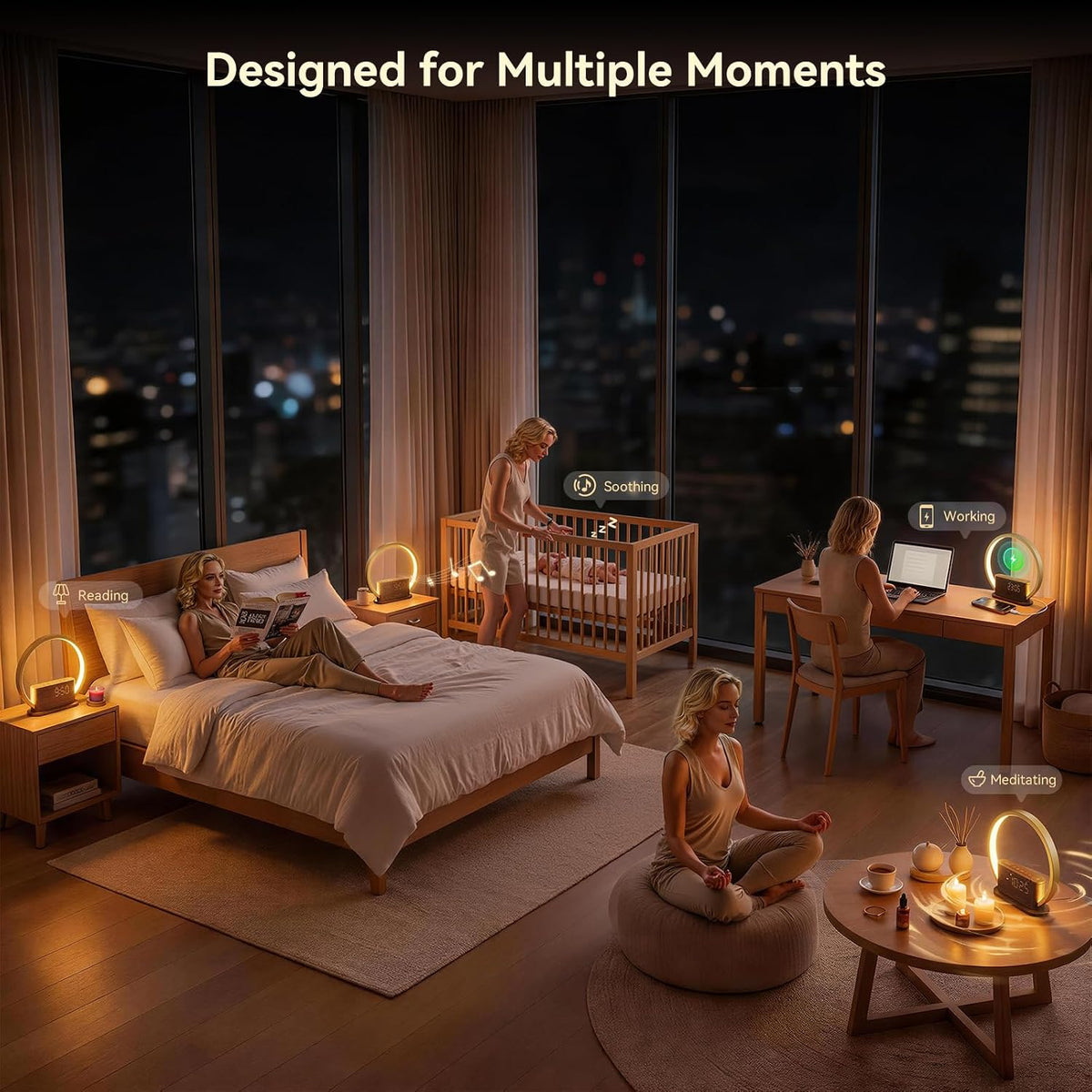 Wood Grain Alarm Clock with Sunrise Lamp & White Noise Sound Machine