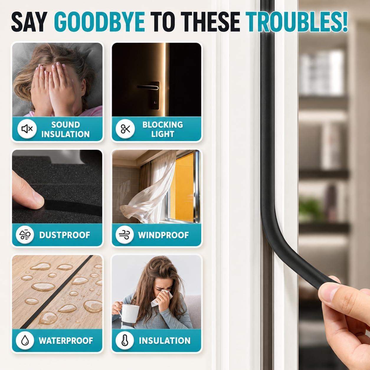20FT Weather Stripping Door Seal, Self-Adhesive Silicone D-Shaped Seal Strip for Door Frame & Window Gaps, Soundproof Insulation Gap Filler