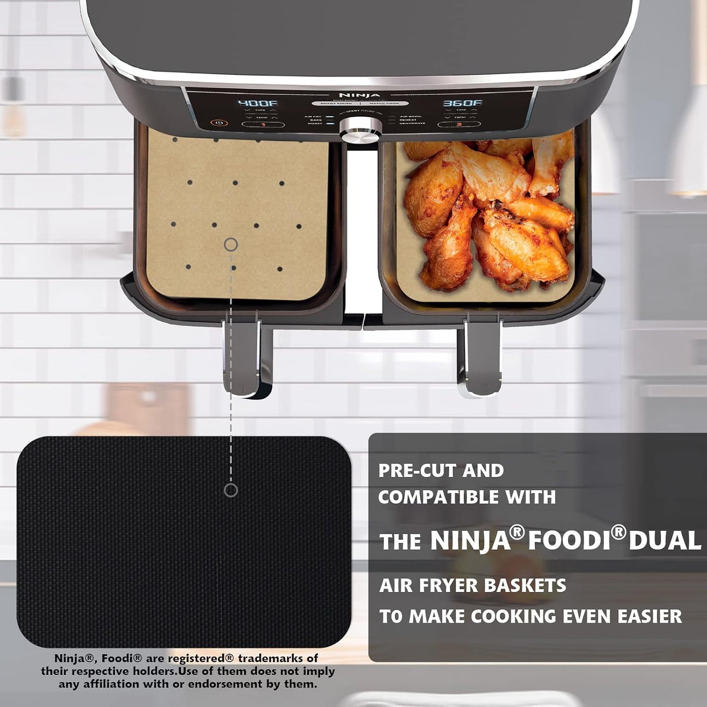 WMKGG Silicone Air Fryer Liners, 2PCS Air Fryer Silicone Liners | Reusable Rectangular Non-Stick Basket Accessories for Ninja Foodi Dual DZ201/DZ401 8-10QT