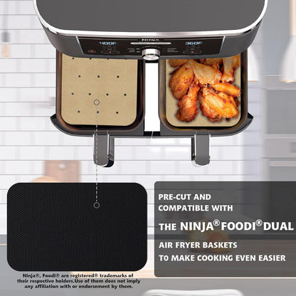WMKGG Silicone Air Fryer Liners, 2PCS Air Fryer Silicone Liners | Reusable Rectangular Non-Stick Basket Accessories for Ninja Foodi Dual DZ201/DZ401 8-10QT