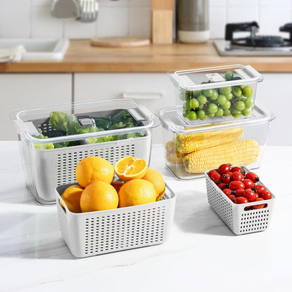 LUXEAR 4 Pack Fruit Vegetable Containers for Fridge, Produce Saver Container with Lids &Removable Colander BPA-free Refrigerator Storage Organizer for Fruit Vegetable, Berry, Meat keep Fresh Longer | BPA Free with Removable Colanders Leak-proof Fridge