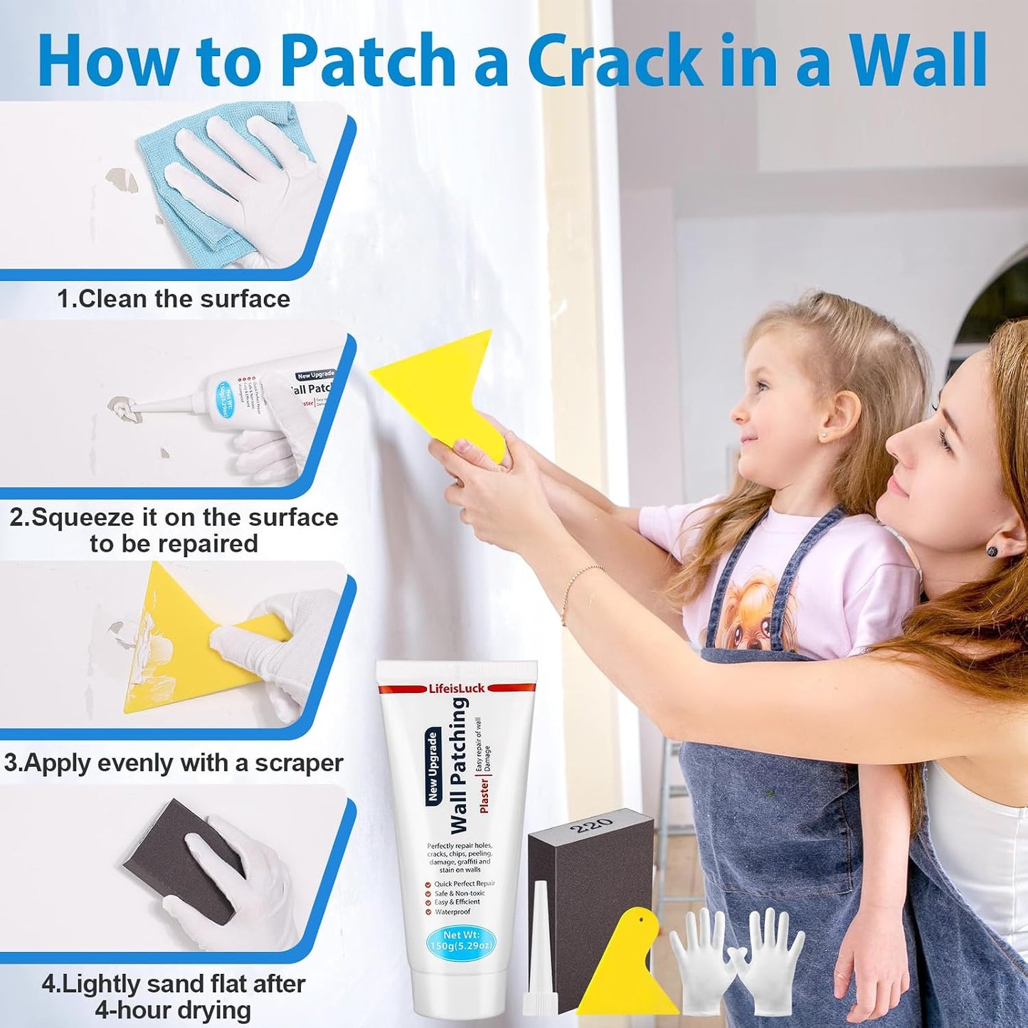 Drywall Repair Kit, Drywall Patch Repair Kit with 8.8OZ White Wall Repair Putty, Scraper Sandpapers Gloves for Heavy Duty Plaster Wall Repair, Easy to Fill Holes in Home Wall & Quick Repair Crack