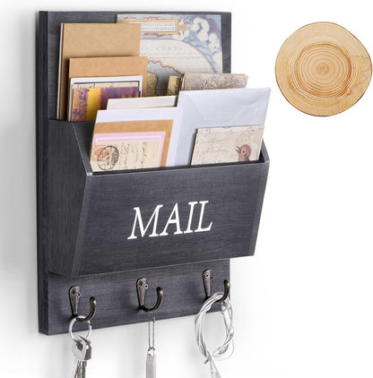 DLQuarts Solid Wood Mail Organizer with Key Holder for Wall, Mail Sorter Wall Mounted, Decorative Wooden Key and Mail Holder with 3 Hooks, White