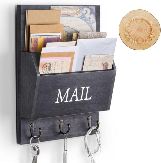 DLQuarts Solid Wood Mail Organizer with Key Holder for Wall, Mail Sorter Wall Mounted, Decorative Wooden Key and Mail Holder with 3 Hooks, White
