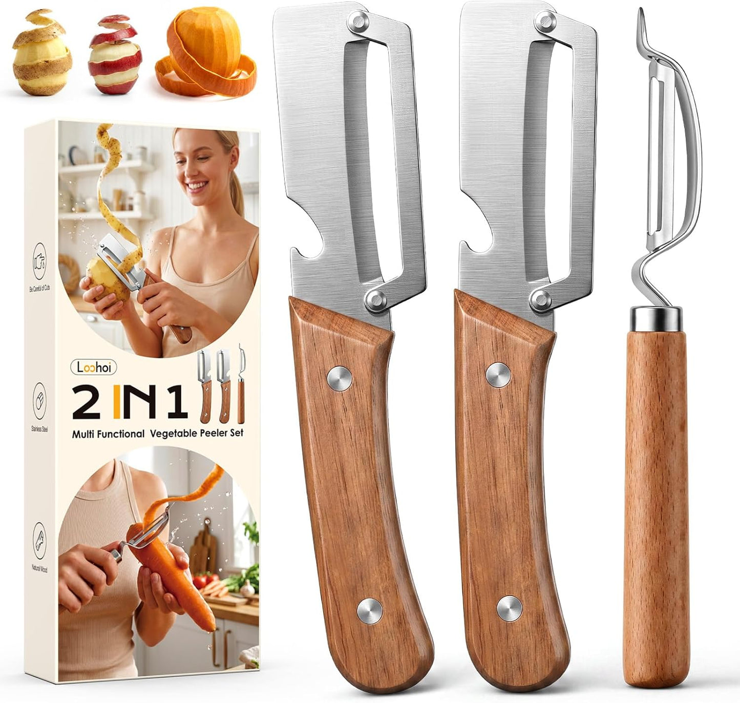 3-Pack Multi-Functional Vegetable Peeler for Kitchen Fruit Potato | 2026 Upgraded Ultra Sharp Stainless Steel Peelers with Ergonomic Wood Handle for Apple, Carrot, Pumpkin & kitchen Cooking