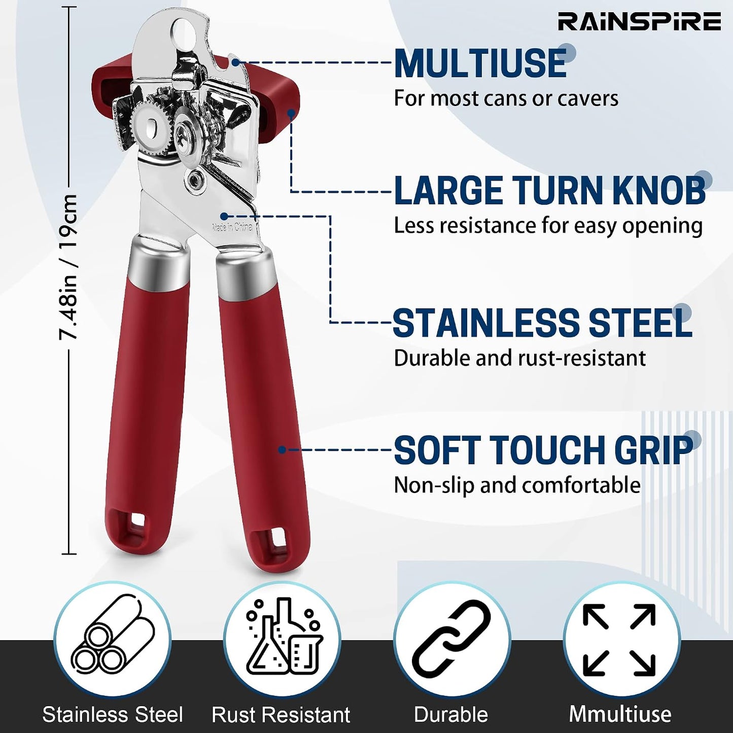 Rainspire Can Opener Manual Handheld Strong Manual Can Opener Smooth Edge Cut, Can Opener Heavy Duty, Comfortable Soft Handle, Built-in Bottle Opener, Turquoise