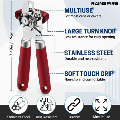 Rainspire Can Opener Manual Handheld Strong Manual Can Opener Smooth Edge Cut, Can Opener Heavy Duty, Comfortable Soft Handle, Built-in Bottle Opener, Turquoise