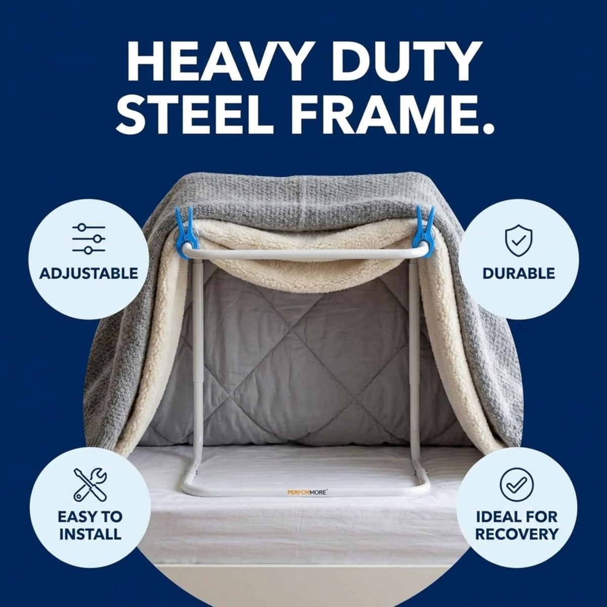 Performore Blanket Lifter for Feet, Bed Lifter, Adjustable 23-31 Inch Bed Cradle, Fits Twin to King Size, Heavy Duty Steel Foot Tent, 2 Clips Included, for Arthritis Restless Legs Surgery Recovery
