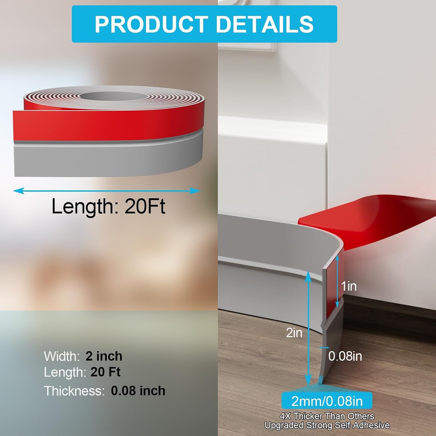 Door Weather Stripping, Silicone Door Seal Strip Sealing Tape, Door Draft Stopper Adhesive Seal Tape for Doors Windows &Shower Glass Door Gaps (Thickness Upgrade)