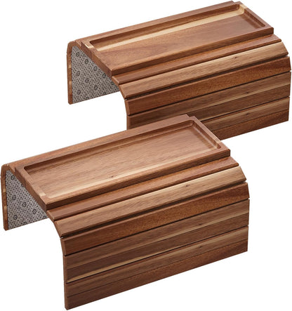2 Pack Acacia Wood Folding Sofa Arm Tray with Anti-Slip Pad | Couch Armrest Tray,Foldable,for Drinks,Snacks,Phone,Remote Control,Space Saving Storage, No Assembly,Gift box