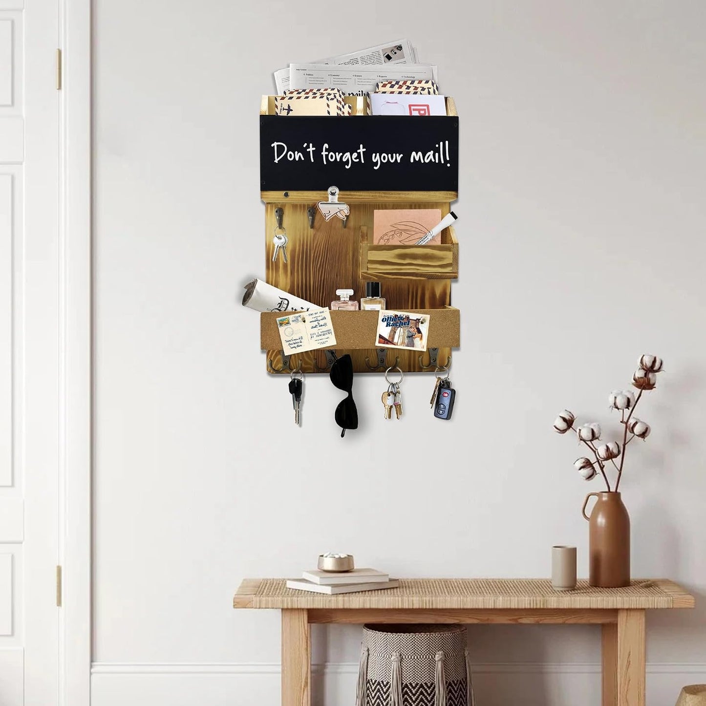 Key Holder for Wall Mount with Shelf and Mail Organizer, Key and Mail Holder with 16 Hooks, Farmhouse Entryway Organizer, Home Decor Rack (Pine Wood, White Washed)