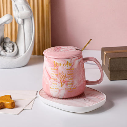 Nitial Bible Verse Coffee Mug Warmer Set Christian Coffee Mug Warmer | God Say You Are, Bible Verse Coffee Mug and Mug Warmer, Christian Gifts for Women, Pink Marble Mug, Teacher Mom Coworker