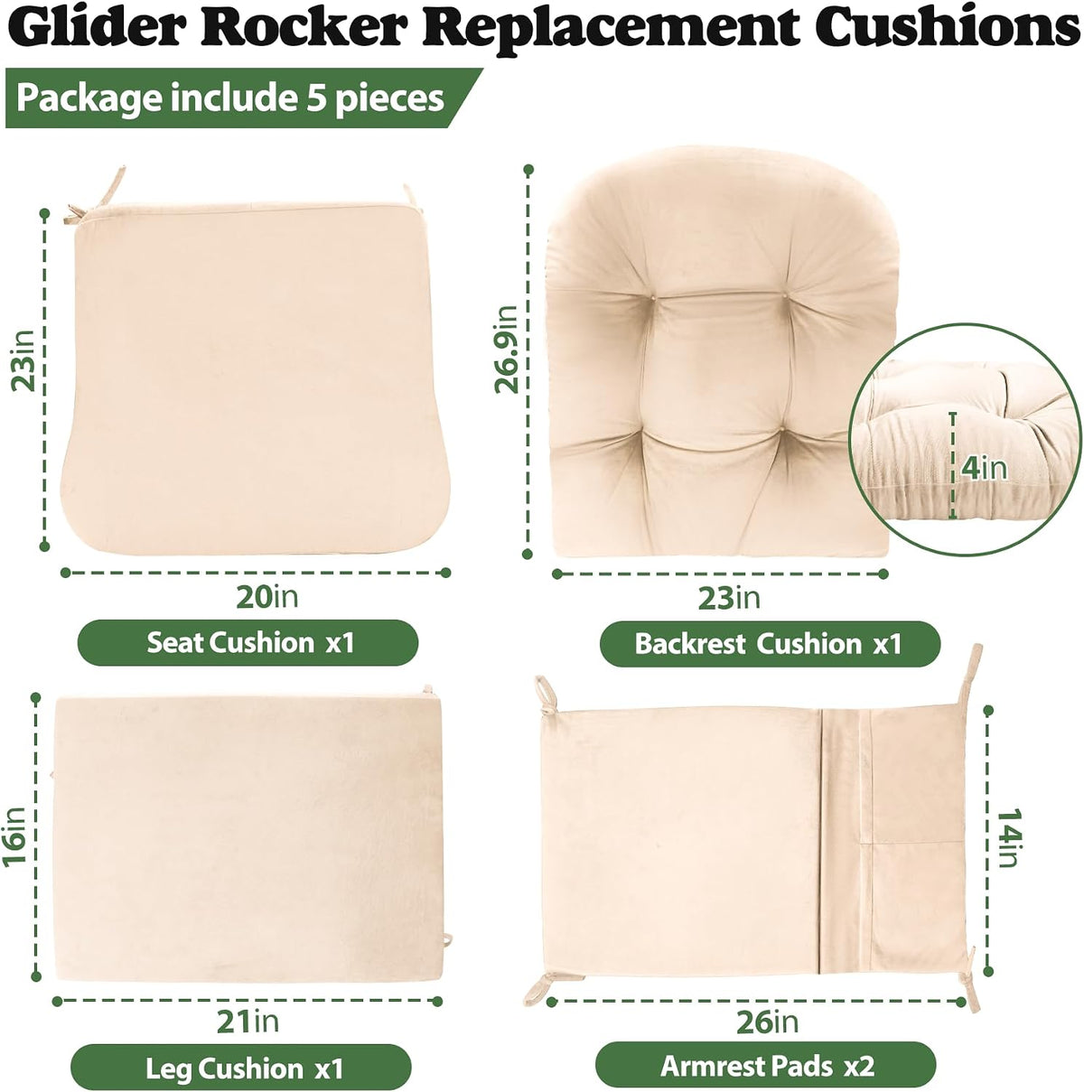JZHLLA Glider Rocker Replacement Cushion Set with Storage Pockets Soft Flannel Fabric & High-Resilience Foam Non-Slip Back Rocking Chair Cushion for Living Room Rocking Chair(Beige)