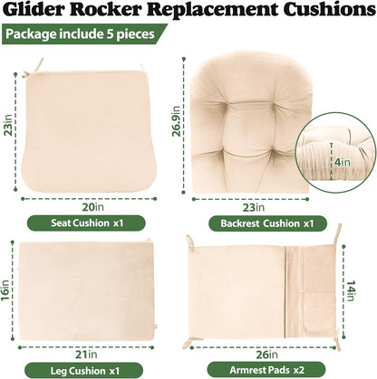 JZHLLA Glider Rocker Replacement Cushion Set with Storage Pockets Soft Flannel Fabric & High-Resilience Foam Non-Slip Back Rocking Chair Cushion for Living Room Rocking Chair(Beige)