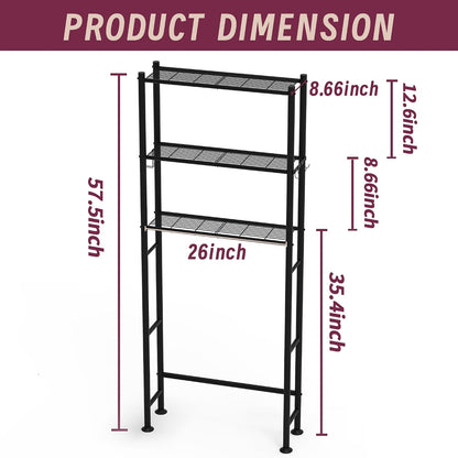 3-Tier Over The Toilet Storage Cabinet with Paper Holder and 4 Hooks, Metal Over Toilet Bathroom Organizer and Storage Shelf, Bathroom Shelves for Living Room/Laundry/Balcony(Black)