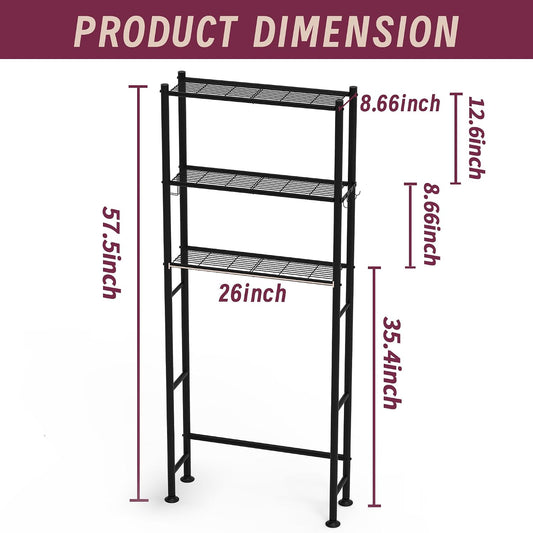 3-Tier Over The Toilet Storage Cabinet with Paper Holder and 4 Hooks, Metal Over Toilet Bathroom Organizer and Storage Shelf, Bathroom Shelves for Living Room/Laundry/Balcony(Black)