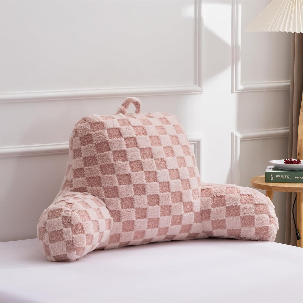 Aimuan Reading Pillow Checkered Bed Rest Wedge Backrest Checkerboard Pillow with Arms Back Support for Sitting Up in Bed Cushion Incline Rest Sleeping Snoring Pillow (Beige,Large)