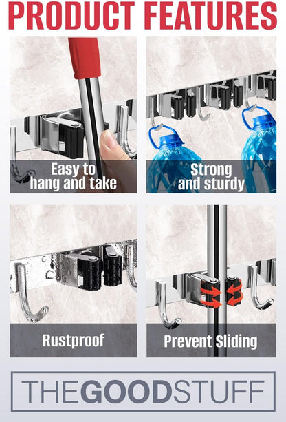 Mop and Broom Holder - Clear Cleaning Clutter and Reclaim Your Space | 5 Racks + 4 Hooks - Rust-Resistant Wall Organizer Holds Cleaning and Garden Tools Securely in Garages and Kitchens