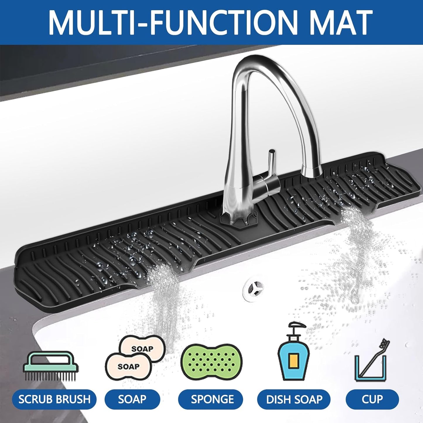 Kitchen Sink Splash Guard Gen2-30" x 6'' Silicone Sink Mat Splash Guard fit for Countertop, Bathroom,Farmhouse,RV by EBIGIC (Grey)