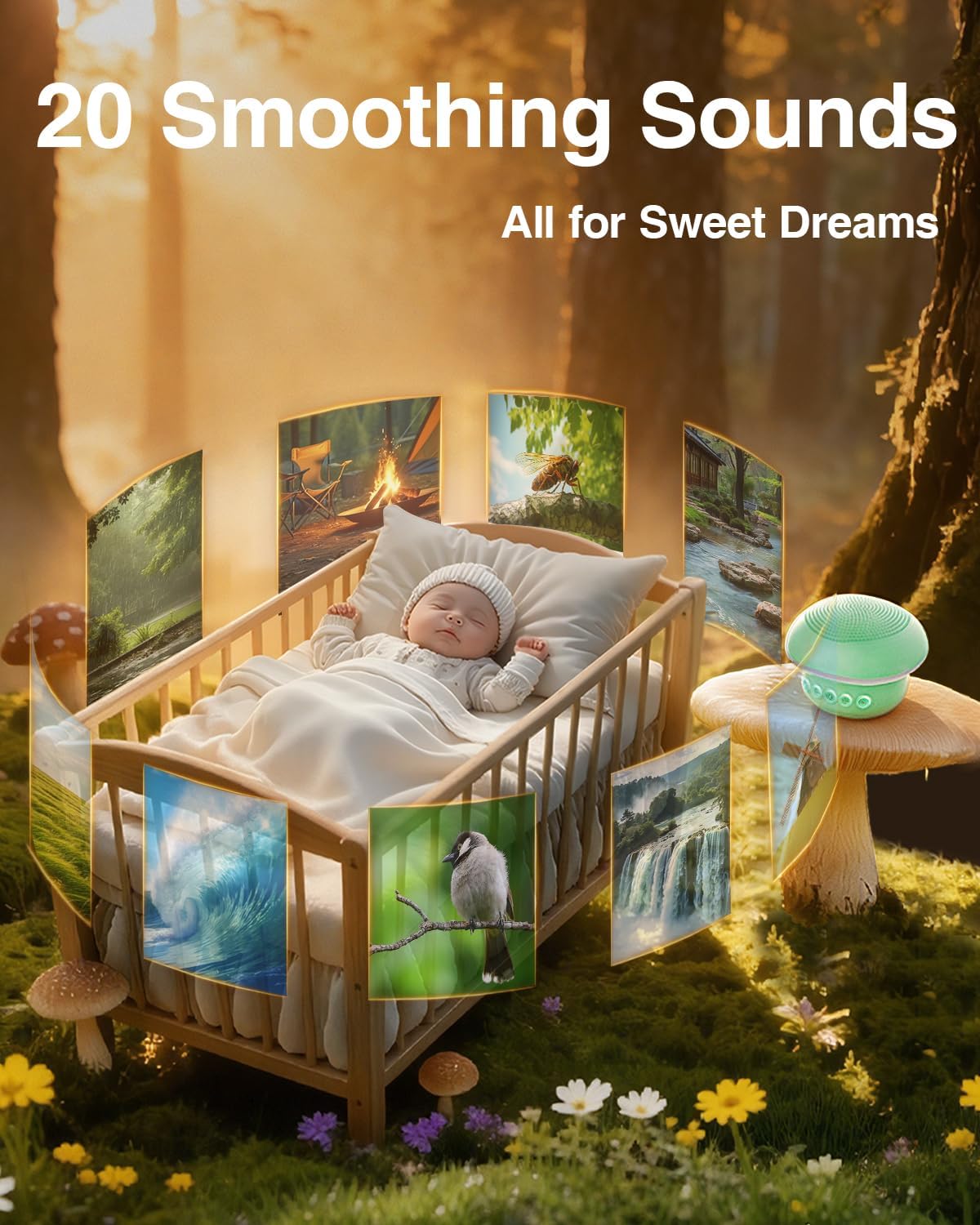 Portable White Noise Sound Machine for Baby Kids Adults, 20 Natural Soothing Sounds, 48H Battery Playback, 30 Volume Levels, 3 Timers, Memory Function & Soft Night Light for Sleep, Home, Travel, Mini