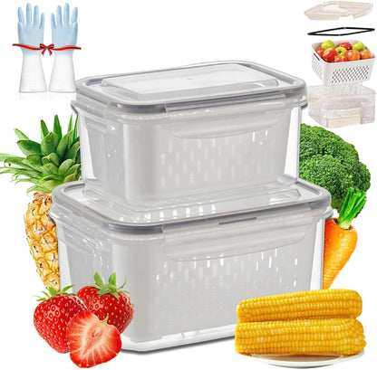 4 In 1 Food Storage Container, Fruit Storage Containers for Fridge, Household Transparent Plastic Food Storage Box-Including Drain Basket, Soak, Wash, Drain, and Store (Gray, S+M+L)