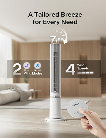 PELONIS 40-Inch Oscillating Tower Fan with Remote for Bedroom, White | Standing Cooling Fan, Washable Design, 2000 CFM, 28ft/s Airflow, 4 Speed, 2 Modes, 90° Oscillation, 23dB Quiet, 7-Hr Timer