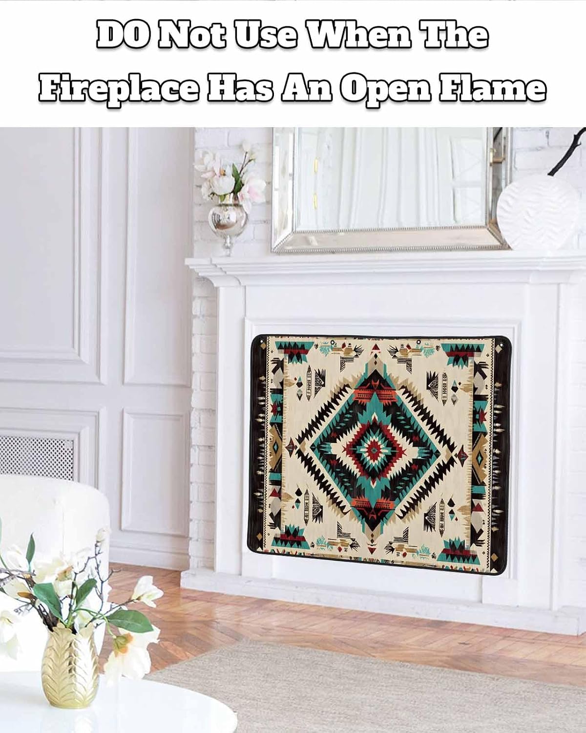 Western Aztec Magnetic Fireplace Cover Decorative Indoor For Brick Fireplace, Rustic Tribal Southwestern Boho Ethnic Insulation Fireplace Blocker Blanket Draft Stop Hot Heat Save Energy, 36"Wx27"H