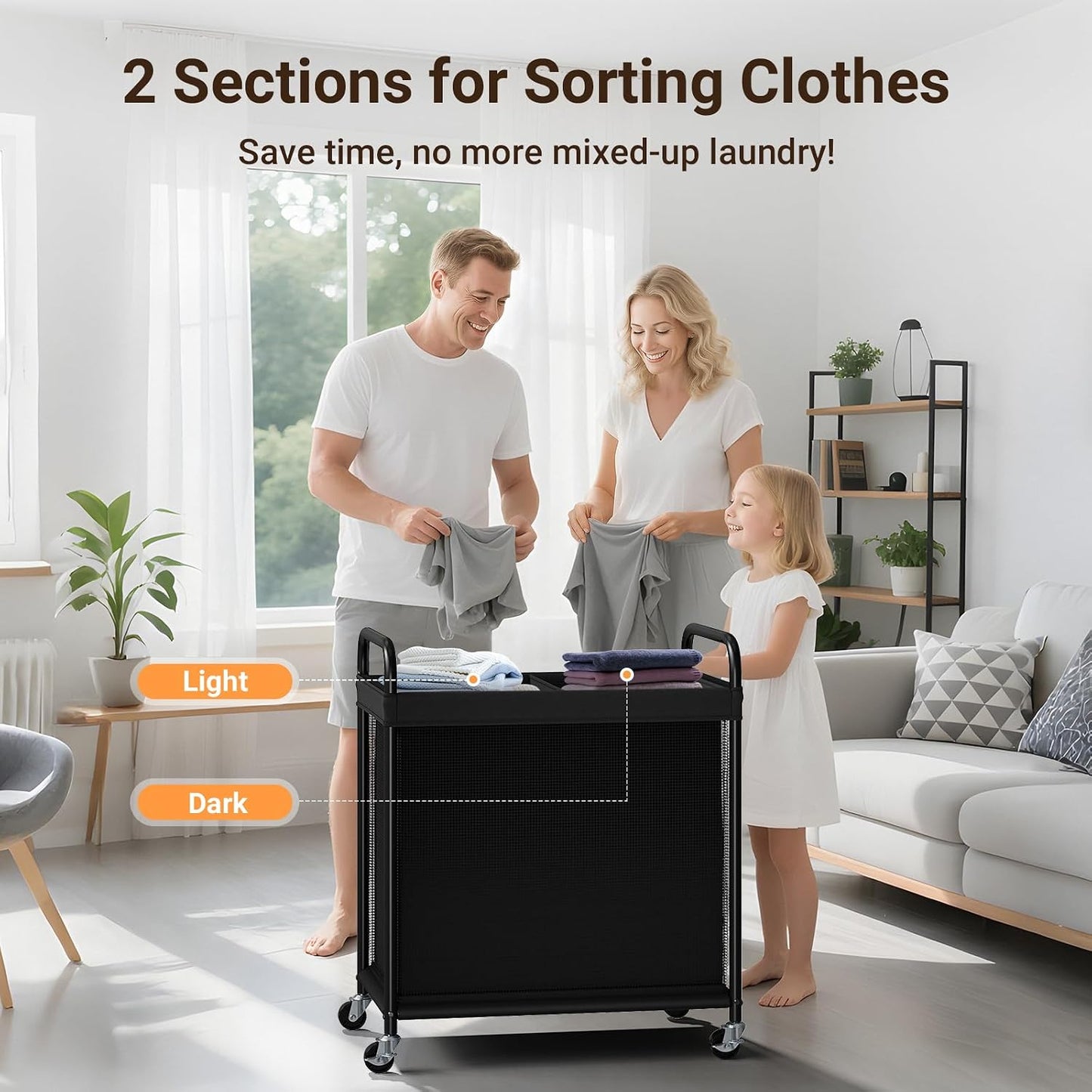 ELYKEN Laundry Hamper 2 Section, 100L Rolling Laundry Sorter with Wheels | Removable Washable Liner Bags, Sturdy Steel Frame and Metal Handle, Double Compartment Clothes Organizer for Laundry Sorting