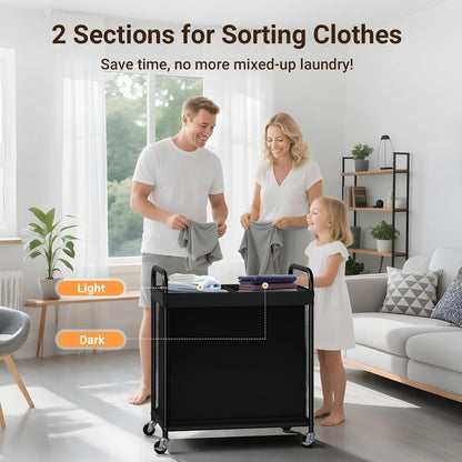 ELYKEN Laundry Hamper 2 Section, 100L Rolling Laundry Sorter with Wheels | Removable Washable Liner Bags, Sturdy Steel Frame and Metal Handle, Double Compartment Clothes Organizer for Laundry Sorting