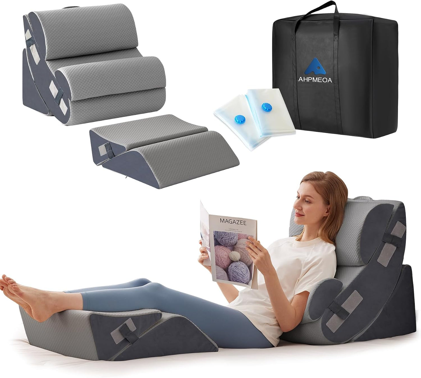 Ahpmeoa 6PCS Wedge Pillow Set for After Surgery, Orthopedic Bed Wedge Pillow for Headboard, Memory Foam Back Pillow for Bed Sitting Up, Sit Up Pillow for Acid Reflux Relief, GERD, Anti Snoring (White)
