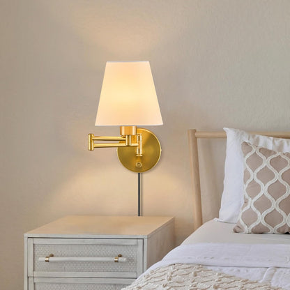 VONLUCE Wall Lamp, Plug in & Swing Arm Wall Sconce, Nickel Finish | Modern Wall Lights with White Fabric Shades, Plug in & Hardwired Wall Mounted Light for Bedside, Living Room, Hallway